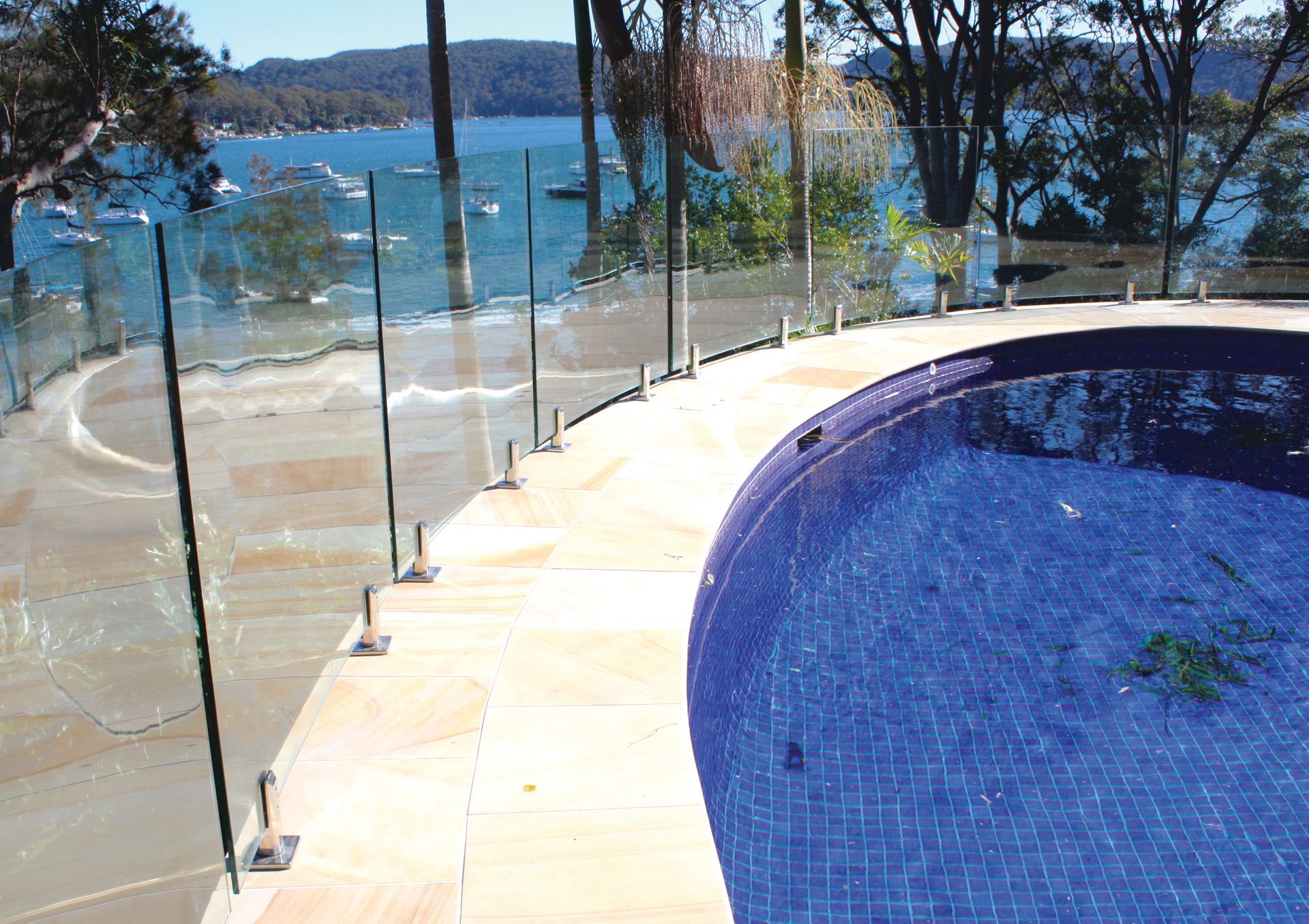 A Curved Blue Tiled Swimming Pool with A Glass Safety Fence — Coastline Glass Pool Fencing in Old Bar, NSW