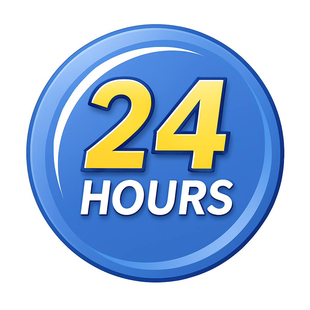 A blue circular icon with the yellow number 24 above the white text "HOURS".