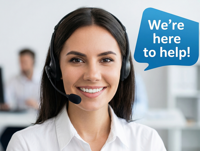 A smiling customer service representative wearing a headset with a blue speech bubble that says 