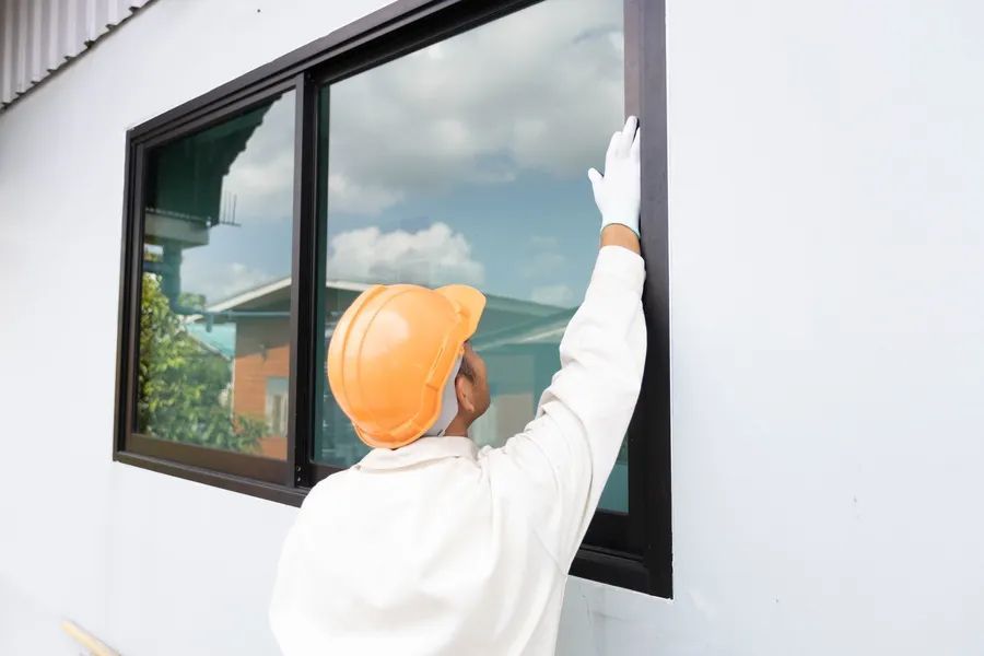A worker in an orange hard hat and white work clothes installs a black-framed window on a light-colored exterior wall.