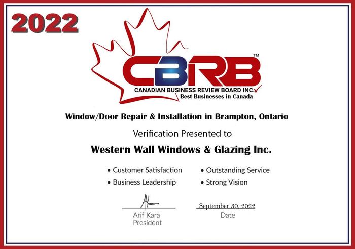 A 2022 CBRB certificate awarding Western Wall Windows & Glazing Inc. for service excellence in Brampton, Ontario.