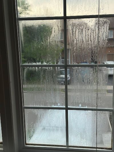 Condensation streaks on a multi-pane residential window overlooking a suburban street.