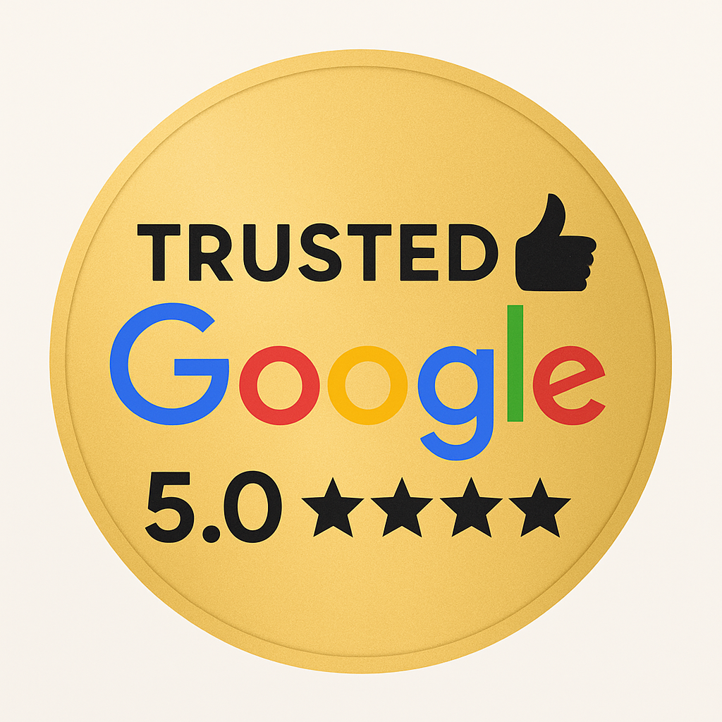 A gold circular badge reading "TRUSTED Google" with a thumbs-up icon and a 5.0 star rating.