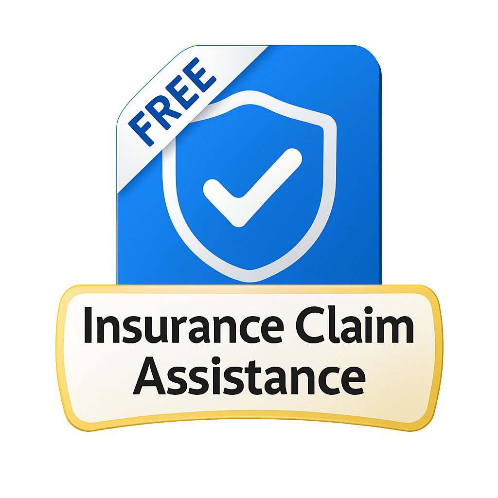 A blue shield icon with a white checkmark, a "FREE" banner, and a beige label that reads "Insurance Claim Assistance."