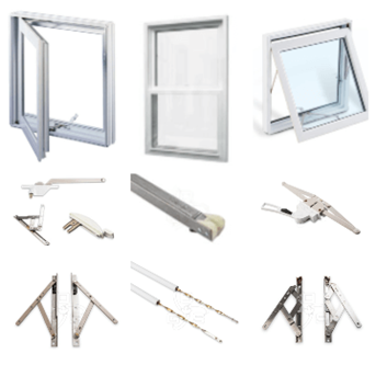A collage of white windows and various metallic hardware components like hinges, operators, and sliding tracks.