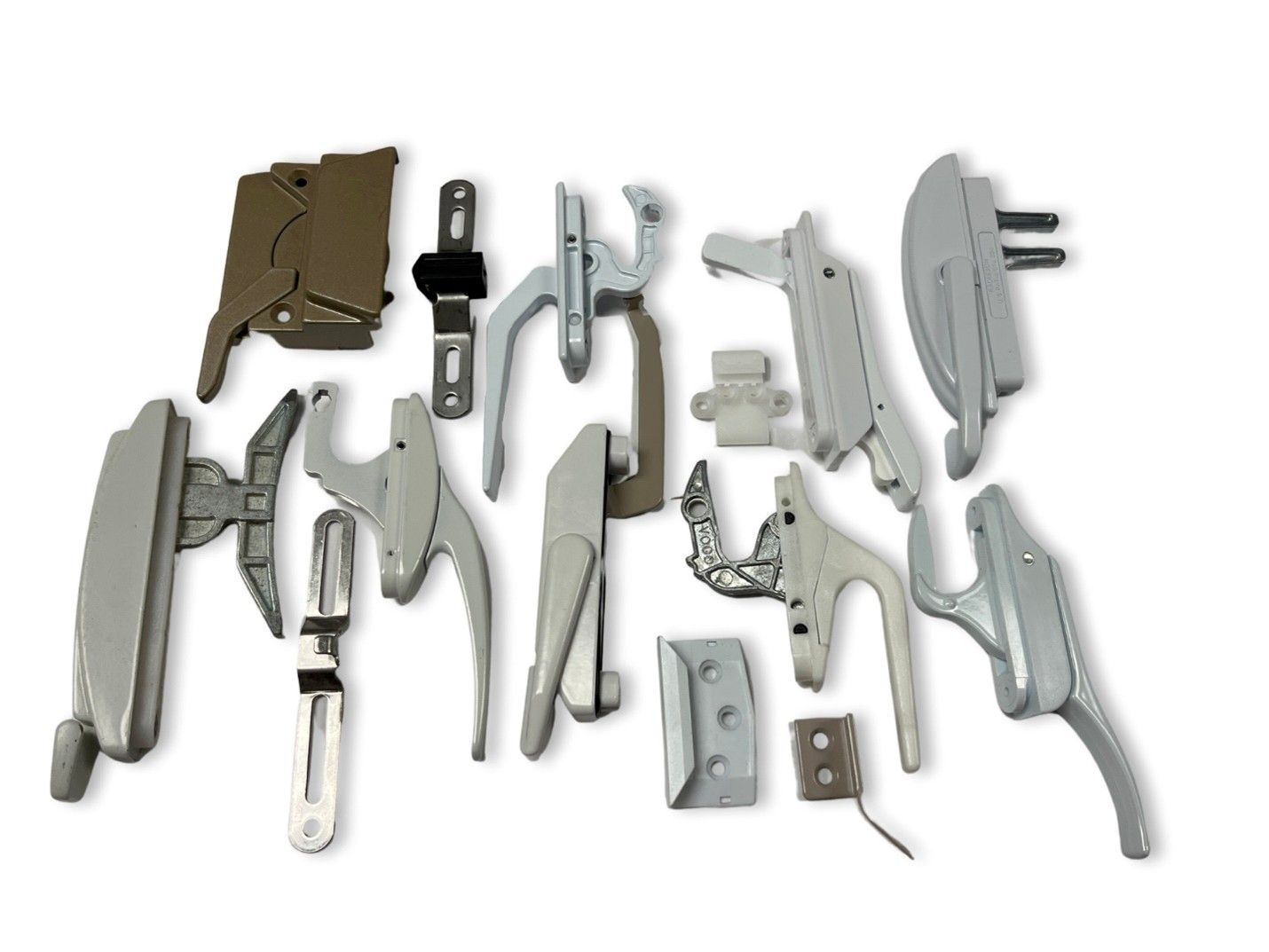 A collection of various gray and metal window latch handles and hardware components displayed on a white background.