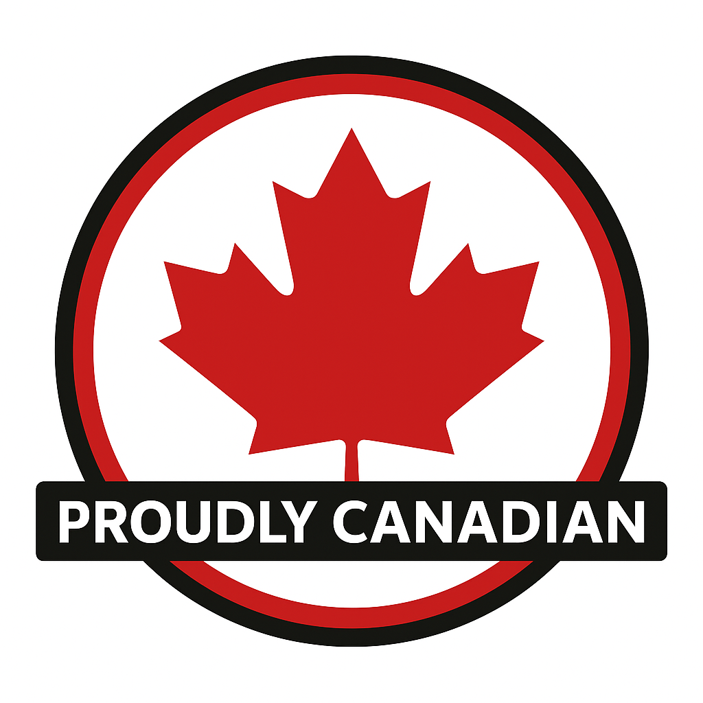 A red maple leaf inside a circular border, with a black banner below reading "PROUDLY CANADIAN" in white text.