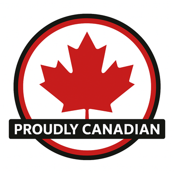 A red maple leaf inside a circular border, with a black banner below reading "PROUDLY CANADIAN" in white text.