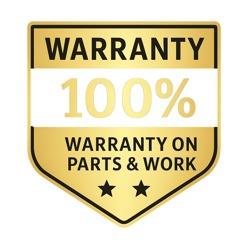 Gold shield-shaped badge with black text reading "WARRANTY", "100%", and "WARRANTY ON PARTS & WORK" with two black stars.