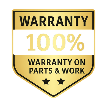 Gold shield-shaped badge with black text reading "WARRANTY", "100%", and "WARRANTY ON PARTS & WORK" with two black stars.