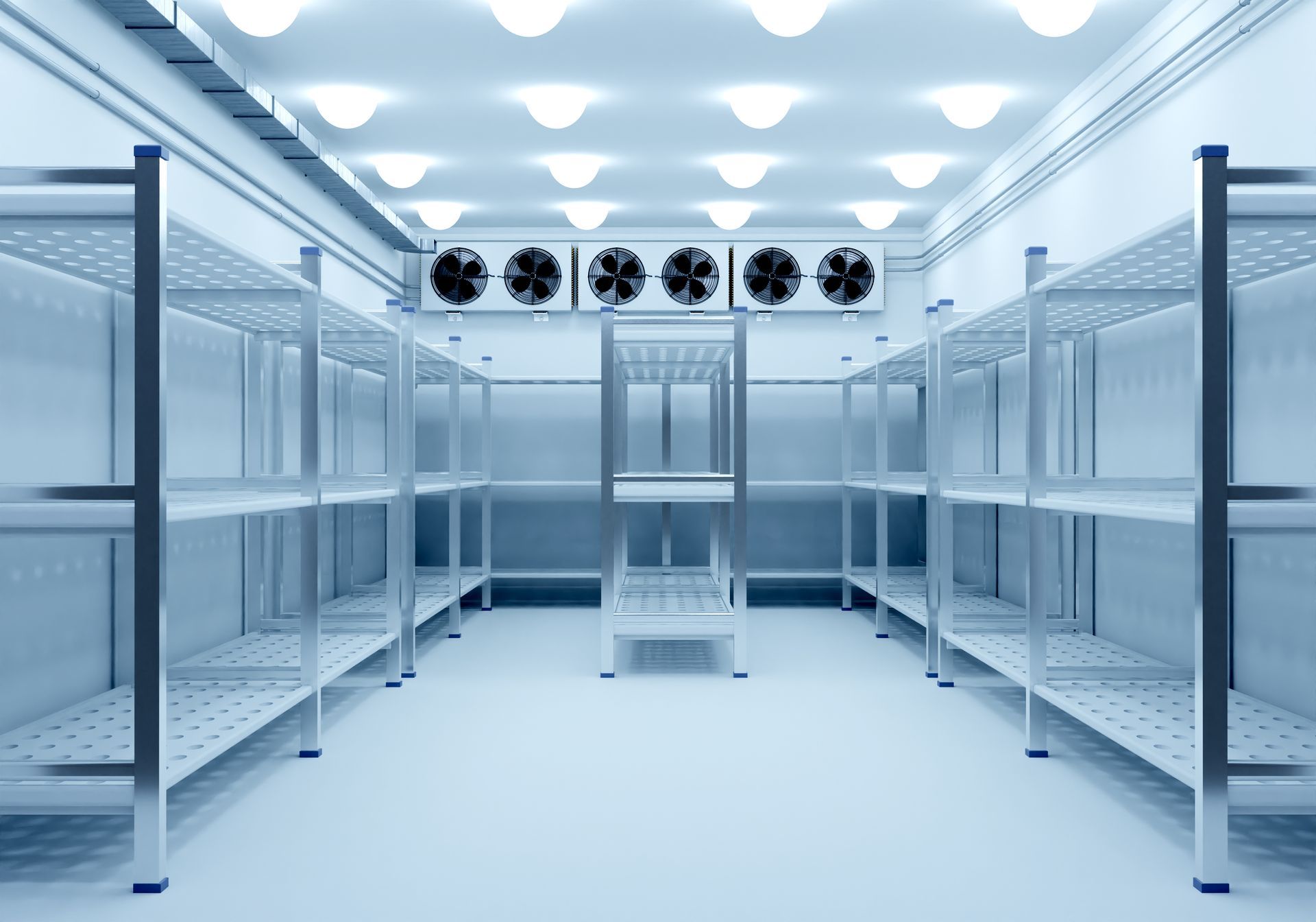 Une pièce avec beaucoup d'étagères et de ventilateurs au plafond.