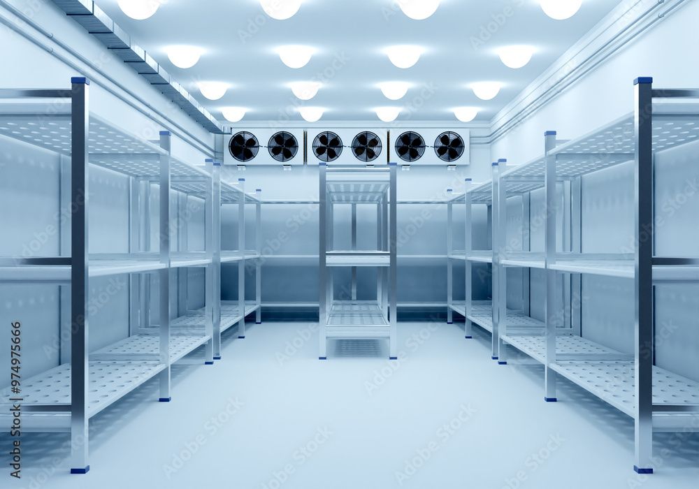 Un réfrigérateur vide avec des étagères en acier inoxydable et des ventilateurs.