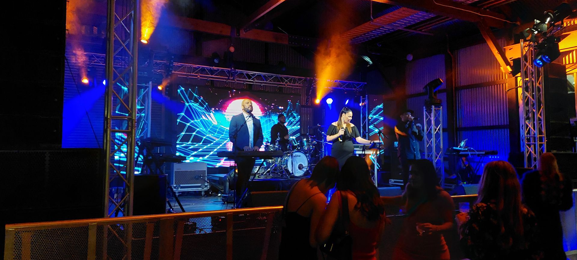 A group of people are standing in front of a stage at a concert.