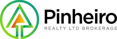 Logo for Pinheiro Realty. A green circle surrounds a stylized tree graphic in green, orange, and white. Black text.