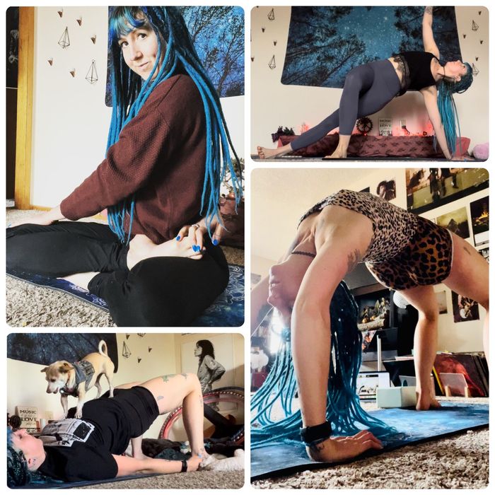Collage of pictures of April, white woman  with blue hair and tattoos who teaches classes