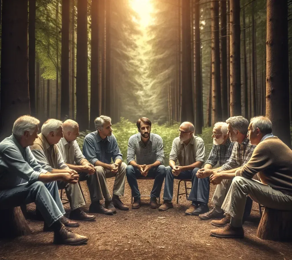 A group of men are sitting in a circle in the woods.