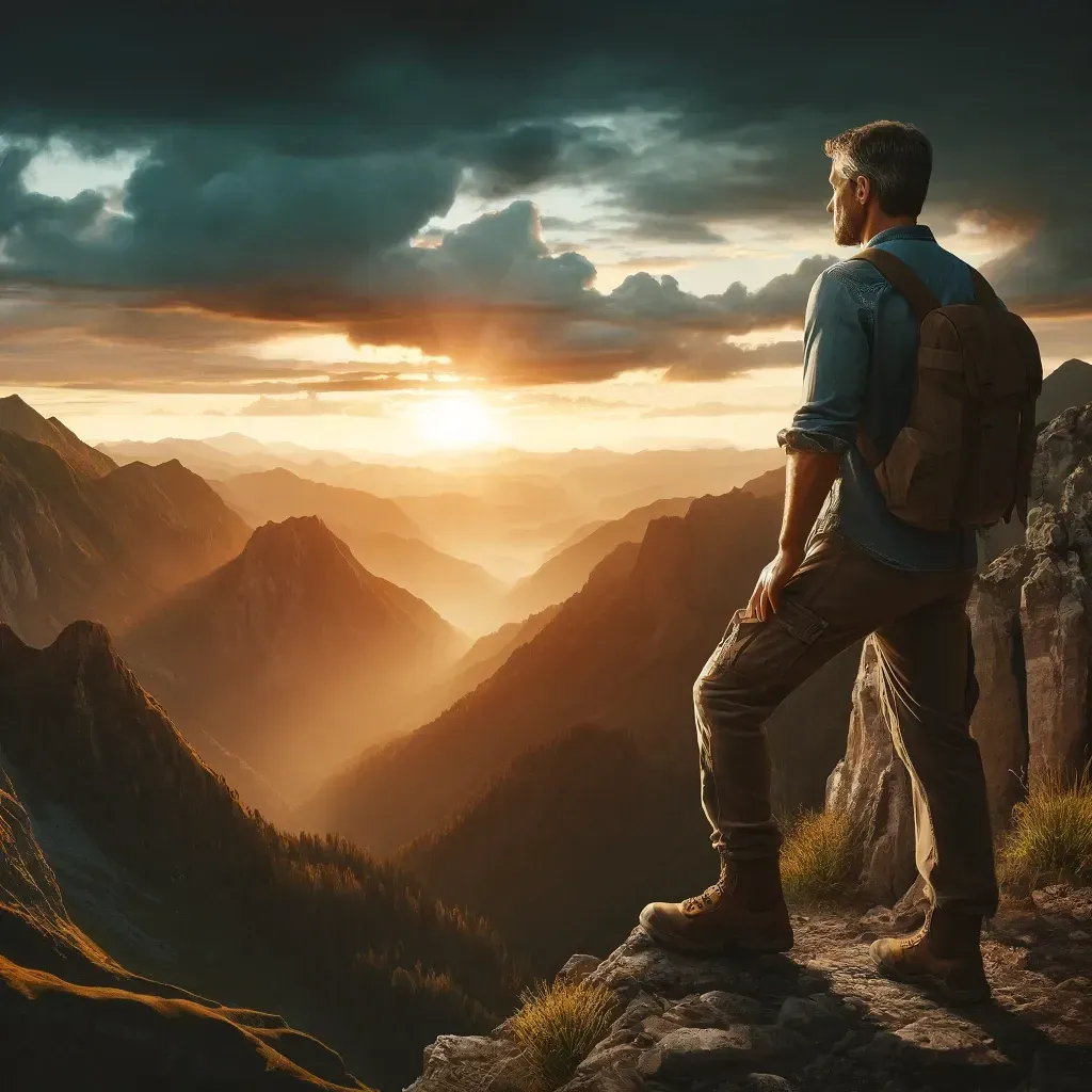 A man with a backpack is standing on top of a mountain looking at the sunset.