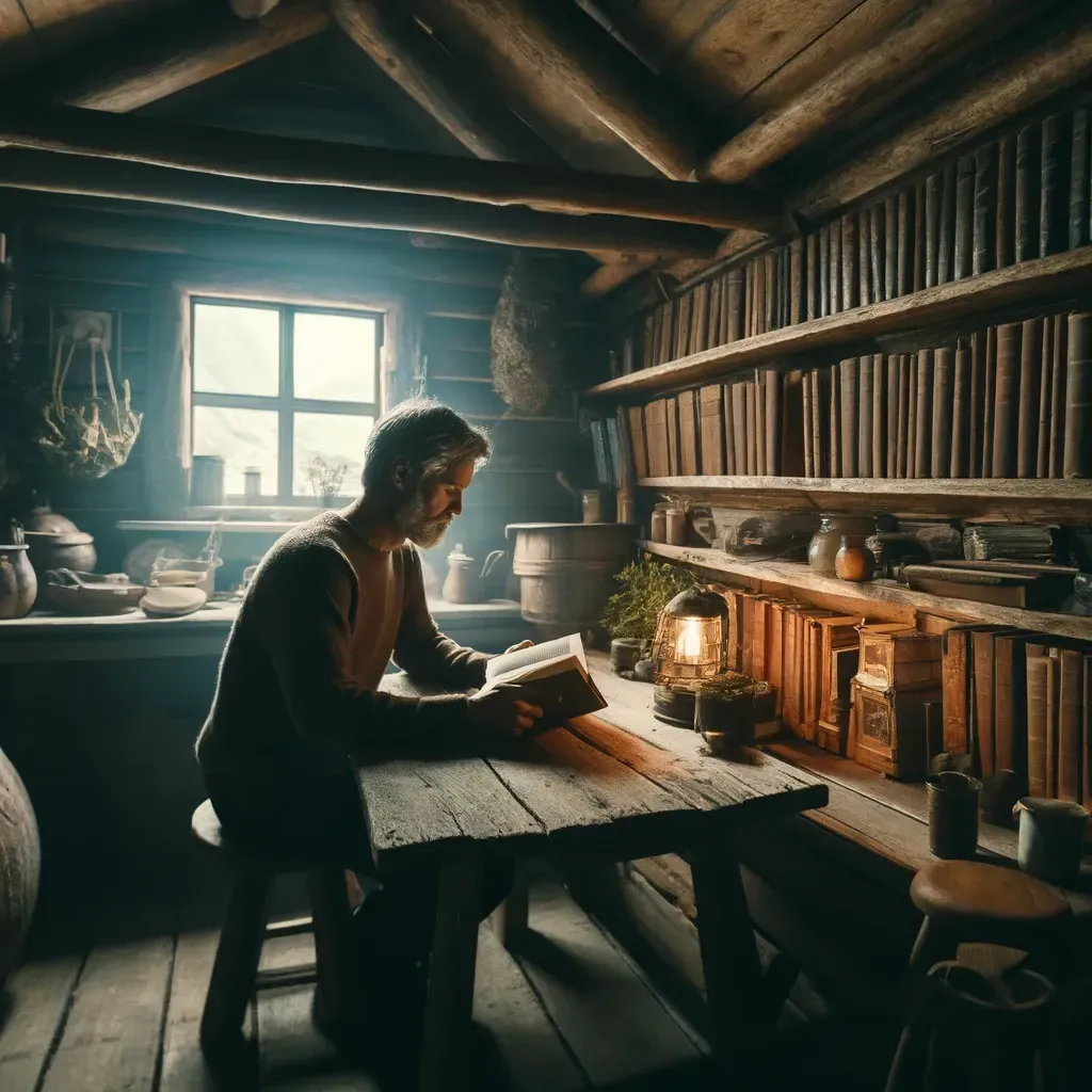 A man is sitting at a wooden table reading a book.