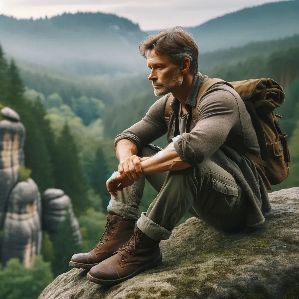 A man with a backpack is sitting on a rock in the mountains.