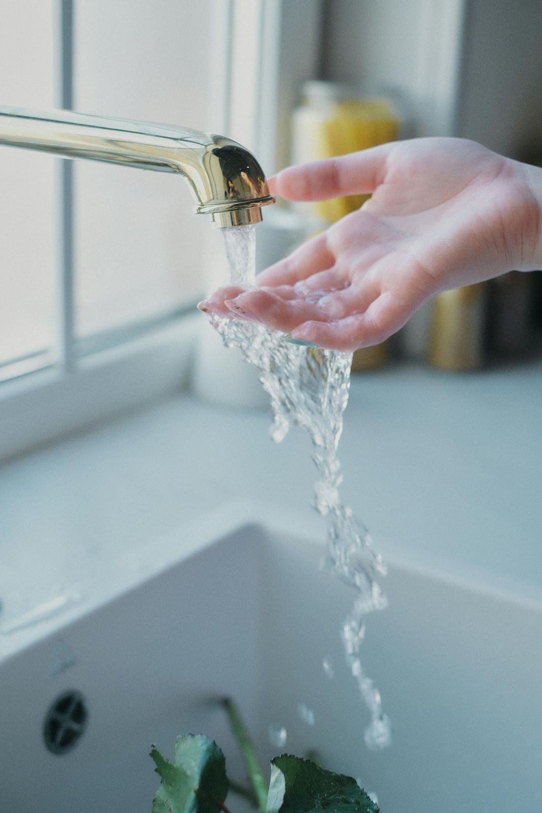 Hands under a running kitchen faucet with water pouring into a sink