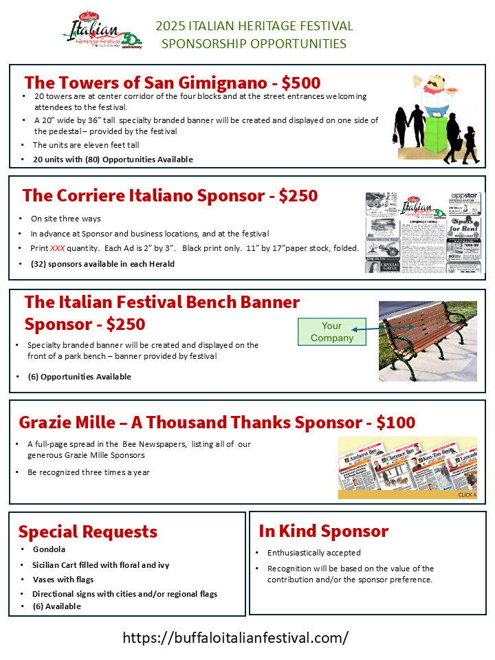 A list of sponsorship opportunities for the italian heritage festival.