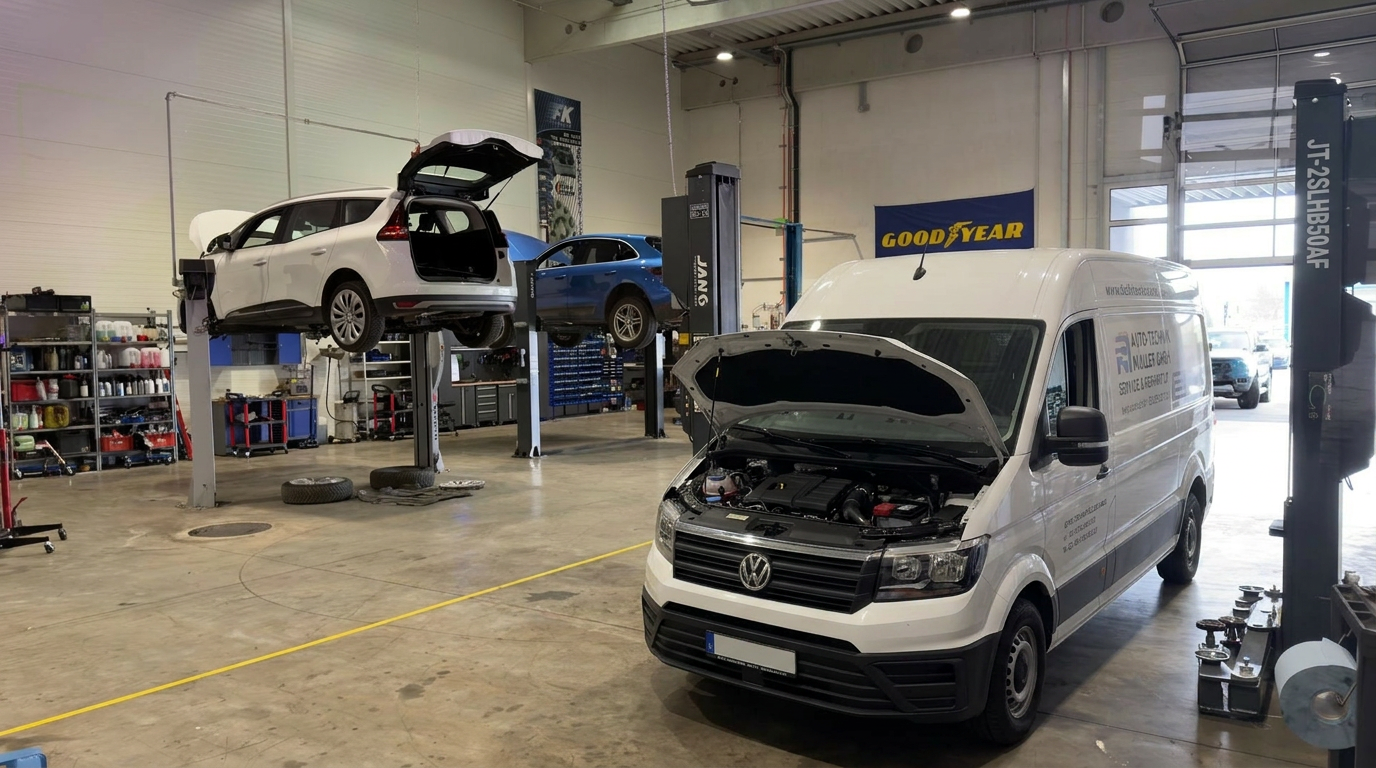 Autowerkstatt mit zwei Transportern in Reparatur, einer auf einer Hebebühne, der andere mit geöffneter Motorhaube.