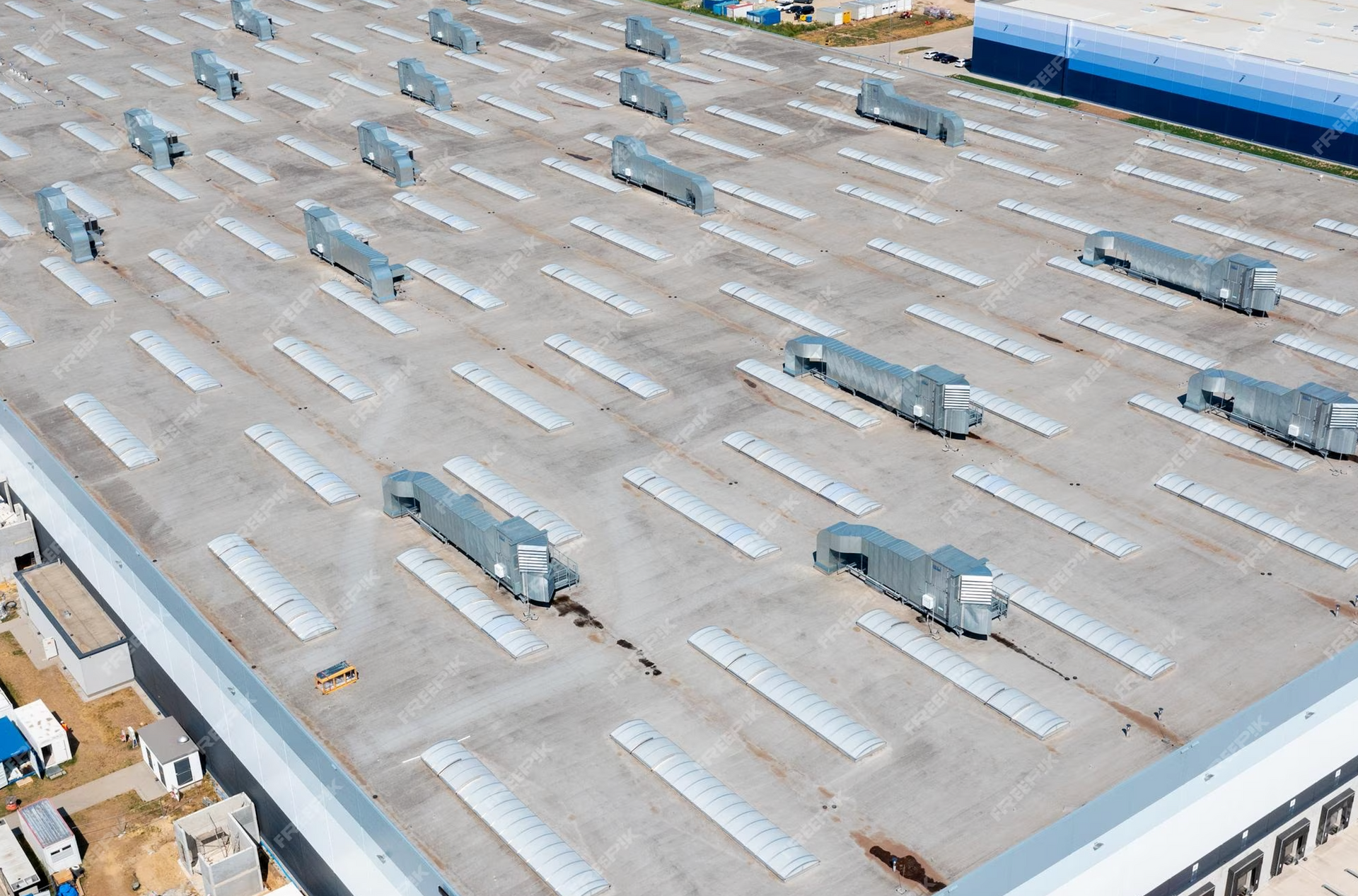 Aerial view of a large commercial building roof with numerous ventilation units and light panels.