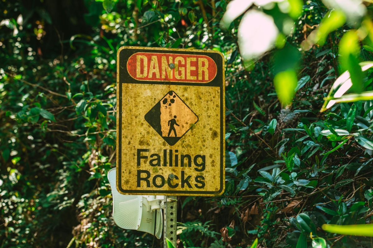 Yellow warning sign mounted on a grey metal post beside a leafy forest trail