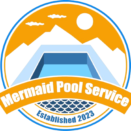 Logo for Mermaid Pool Service: pool over fish scales with mountains, sun, and 