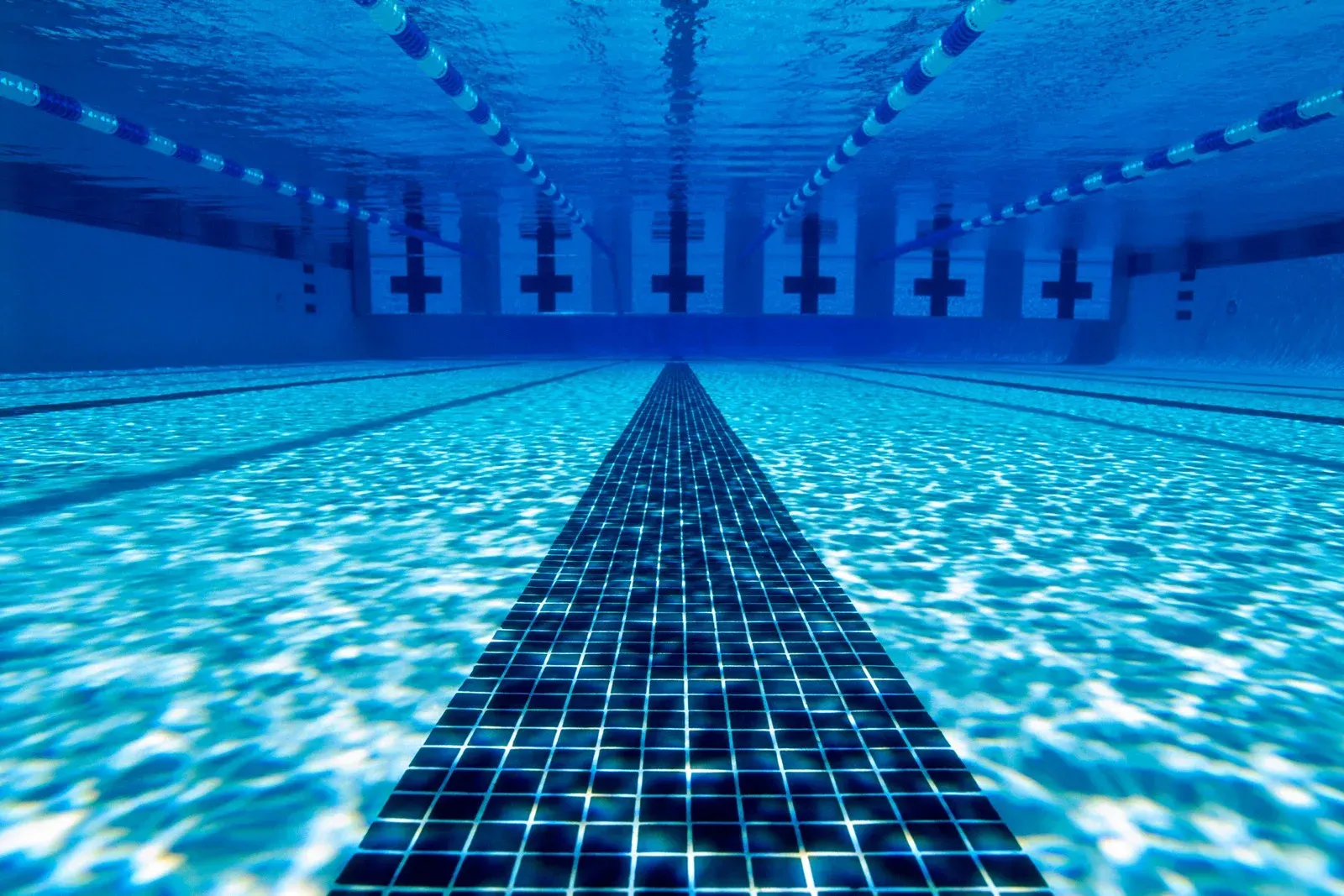 Underwater view of a swimming pool with lanes, blue water, and lane markers.
