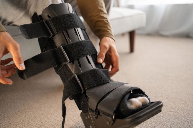 Una persona seduta regola le cinghie in velcro di uno stivale ortopedico nero indossato sulla parte inferiore della gamba.