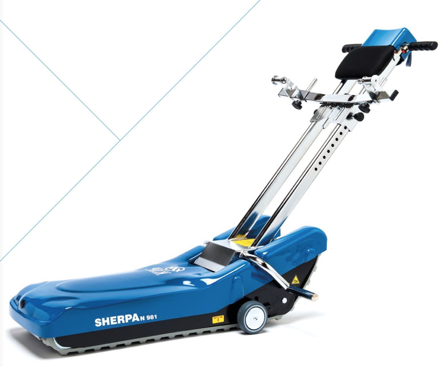 Dispositivo di sollevamento per sedie a rotelle per scale Blue Sherpa con maniglia in metallo, telaio regolabile e binari continui su sfondo bianco.