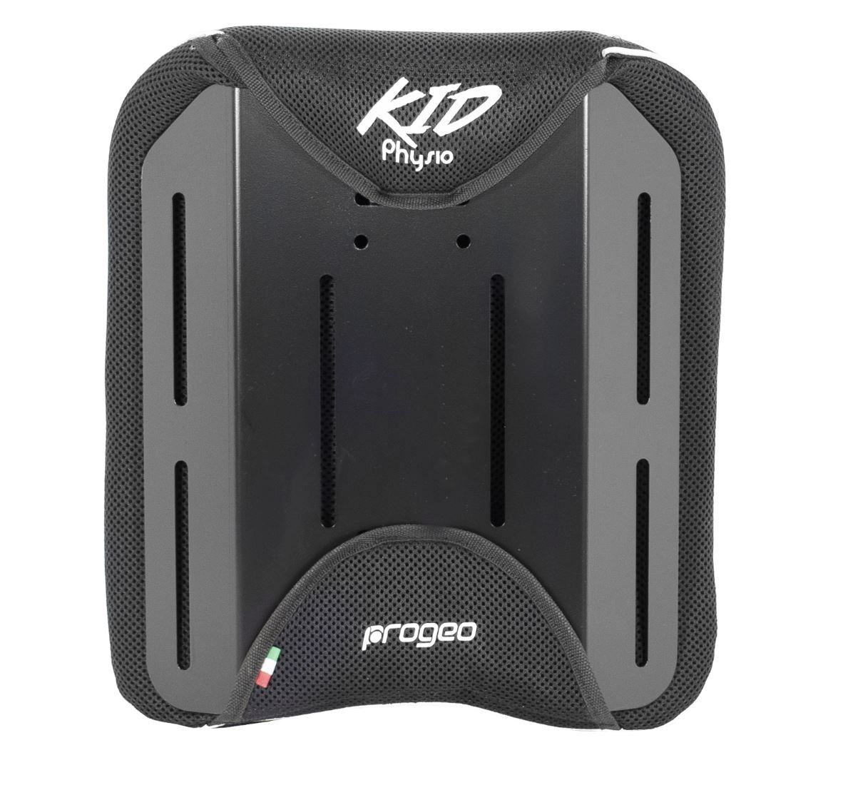 Schienale nero Progeo Kid per sedia a rotelle con rivestimento in tessuto imbottito e fessure di montaggio verticali.