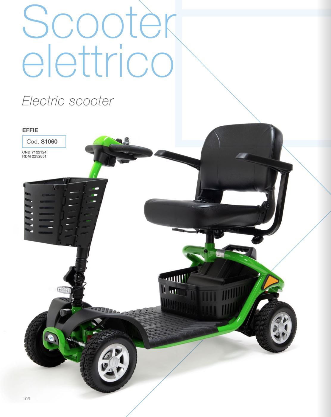 Scooter elettrico a quattro ruote di colore verde brillante con sedile nero, cestino anteriore e vano portaoggetti sotto il sedile.