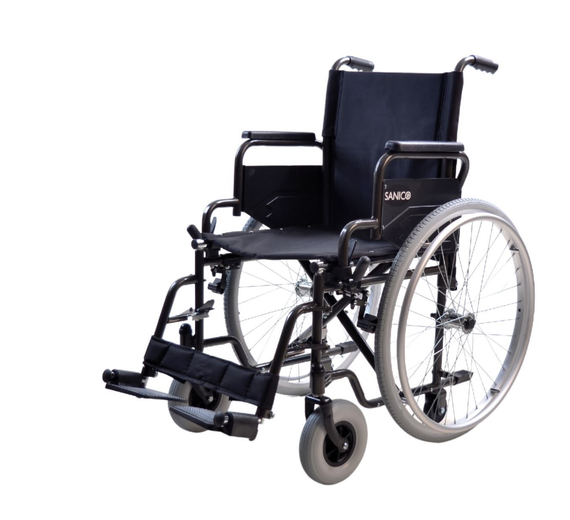 Un deambulatore blu a quattro ruote con sedile, cestino portaoggetti in filo metallico e freni azionabili manualmente.