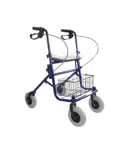 Un deambulatore blu a quattro ruote con sedile, cestino portaoggetti in filo metallico e freni azionabili manualmente.