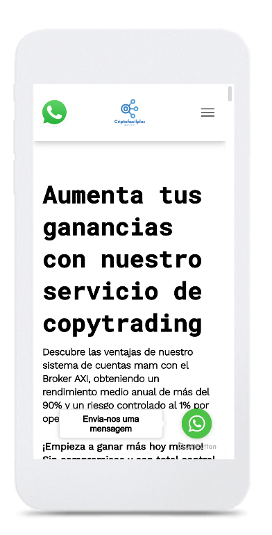 Um celular está exibindo uma página que diz “aumente seus lucros com nosso serviço de copy trading”.
