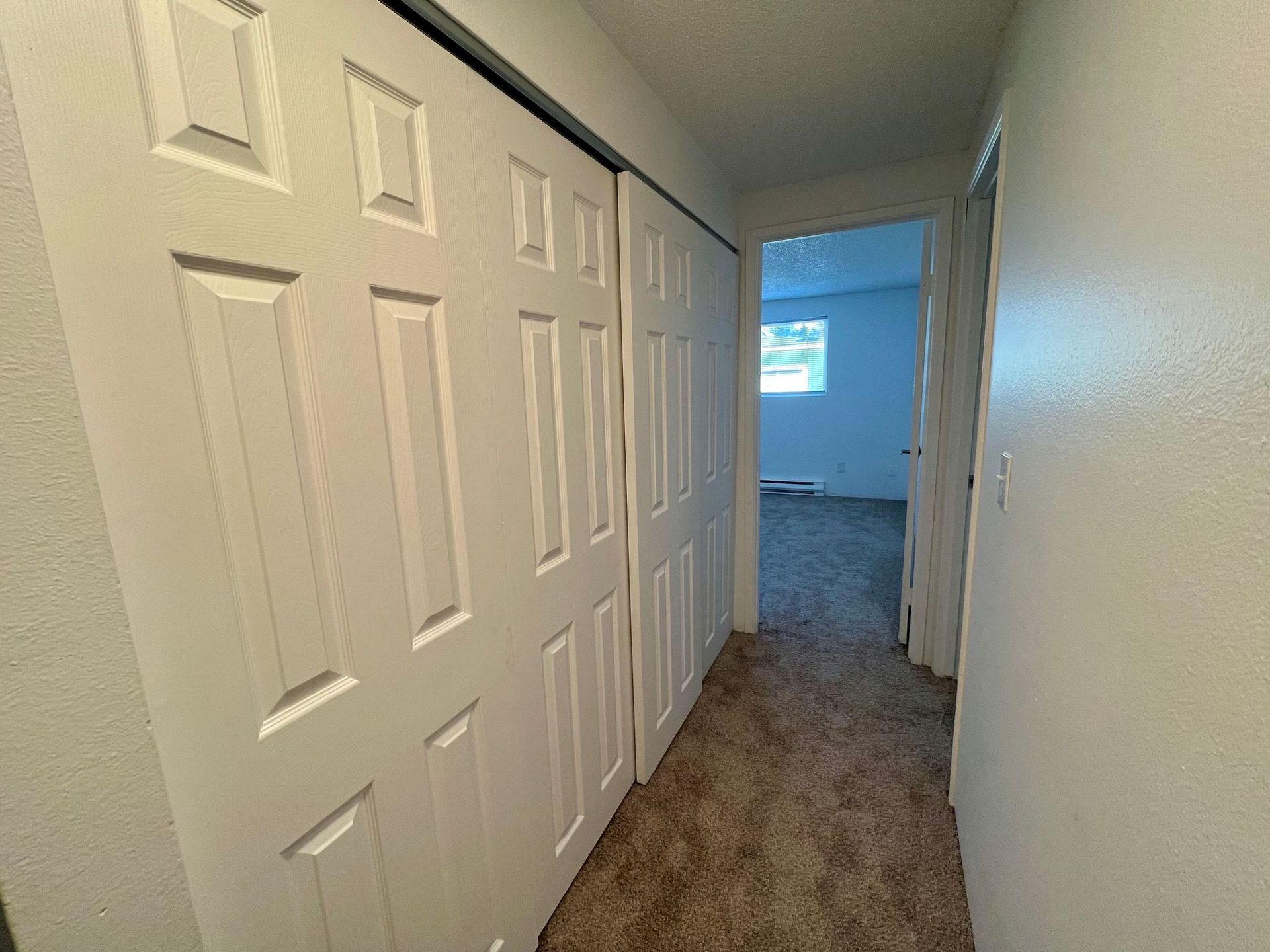 Narrow hallway with white closet doors, beige carpet, and a window at the end.