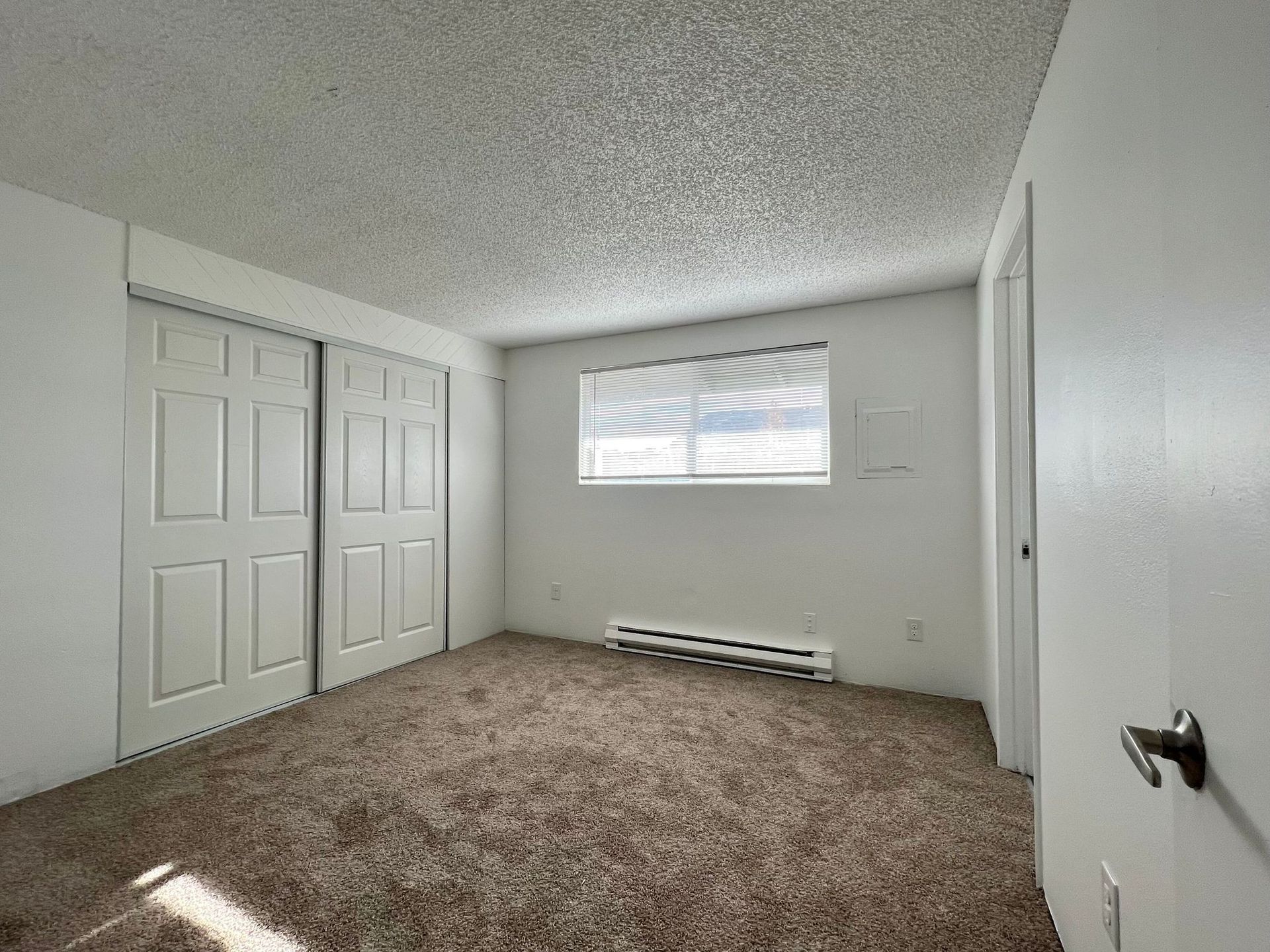 Empty carpeted bedroom with white walls, closet doors, a window, and baseboard heater.