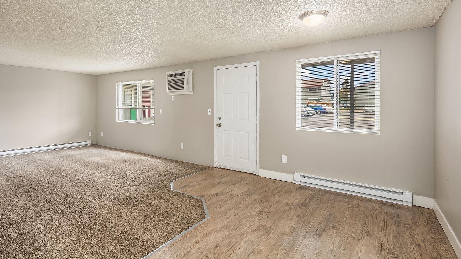 Empty beige carpeted living room with white door, windows with blinds, and a ceiling light.