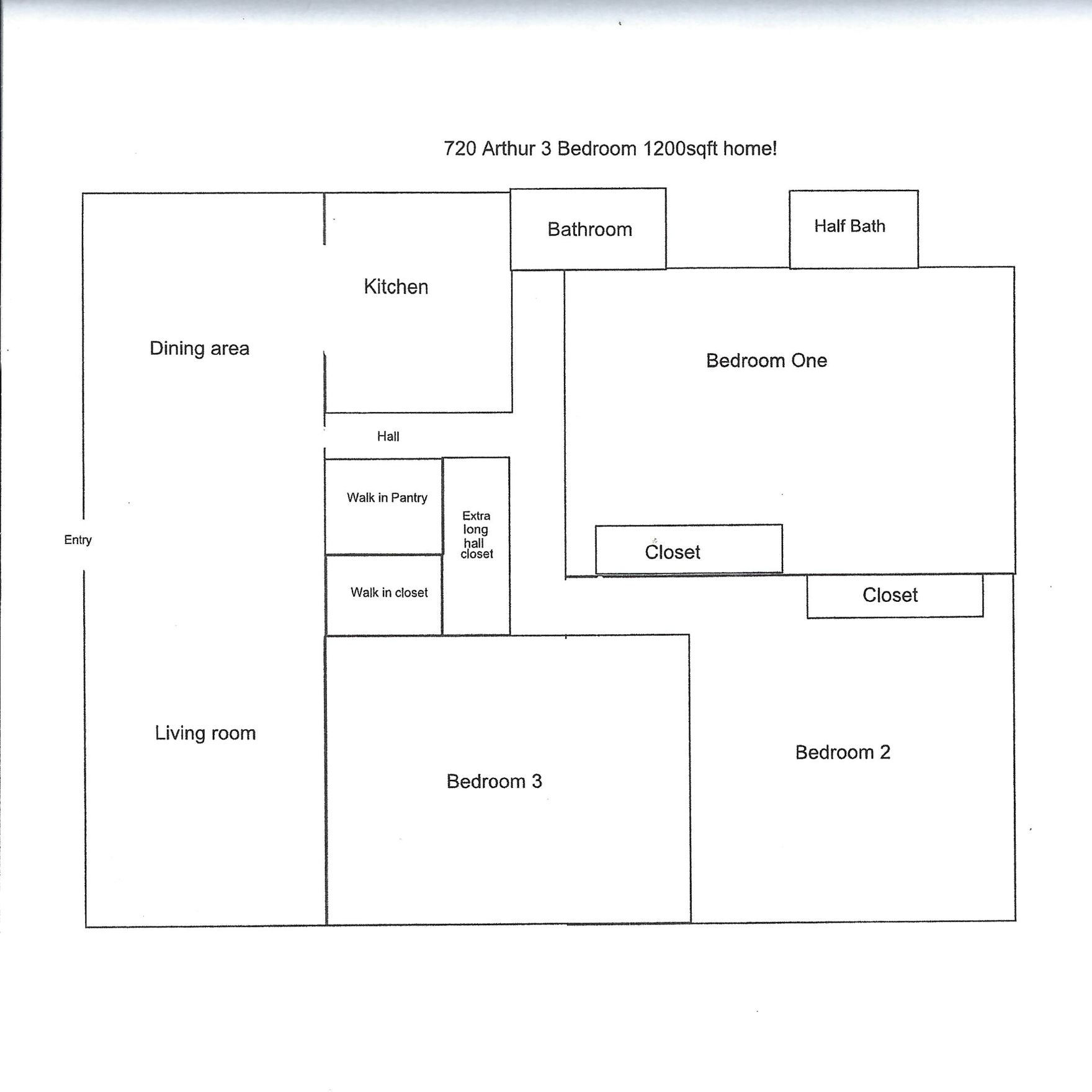 Floor plan of a house with labeled rooms including kitchen, living room, bedrooms, bathrooms, and dining area.