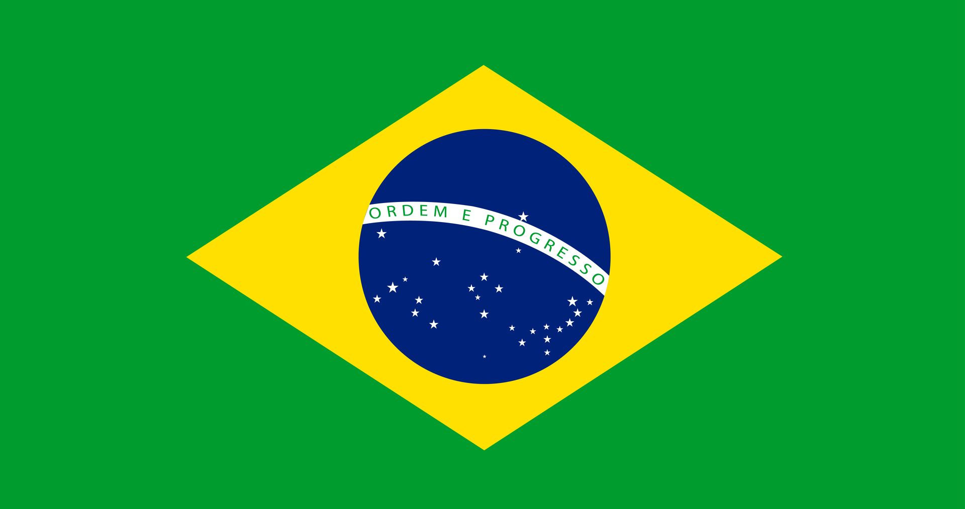Brasilianische Flagge: grüner Hintergrund mit gelber Raute, blauem Kreis in der Mitte und weißen Sternen und Schriftzug.