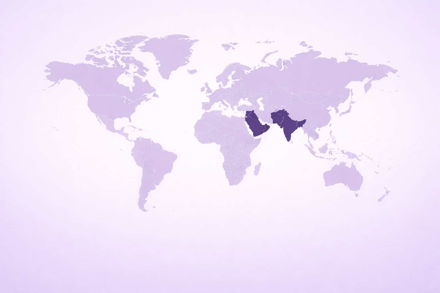 Weltkarte, auf der der Nahe Osten und Südasien lila hervorgehoben sind.