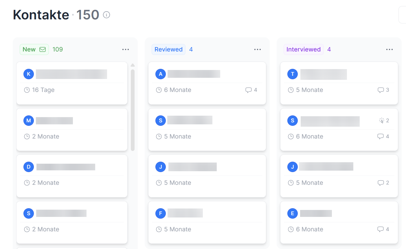 Kontakt-Dashboard mit Listen von Kontaktkarten, kategorisiert nach Zeitintervallen.