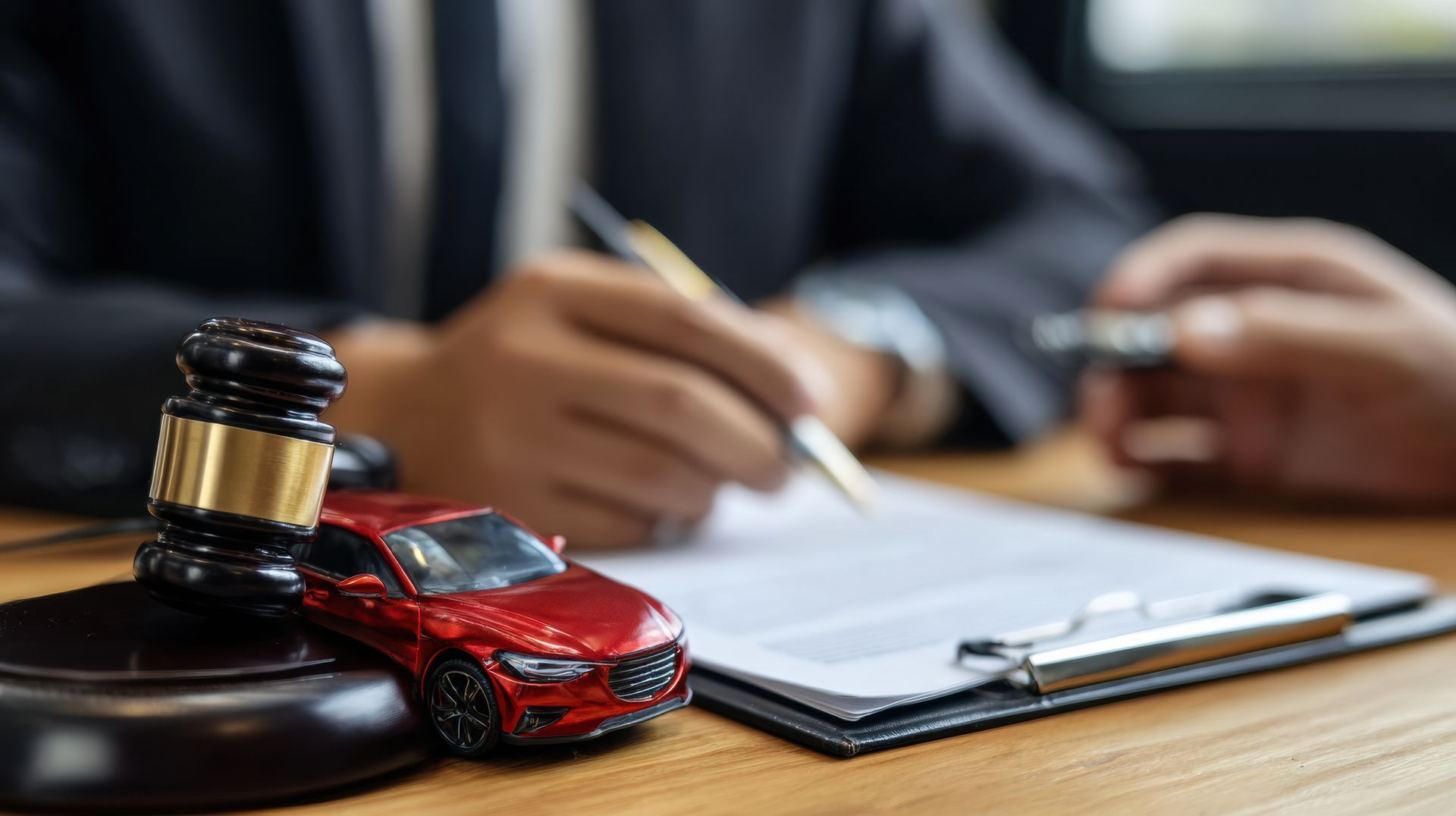 Red toy car and gavel on a desk with person signing document, implying legal/insurance context.