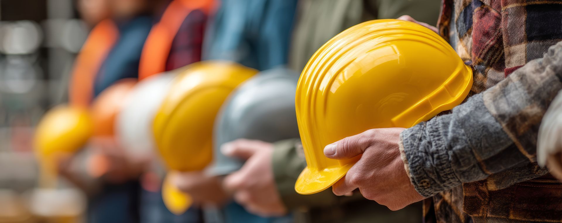 Construction workers holding yellow, gray, and orange hard hats, ready for work.