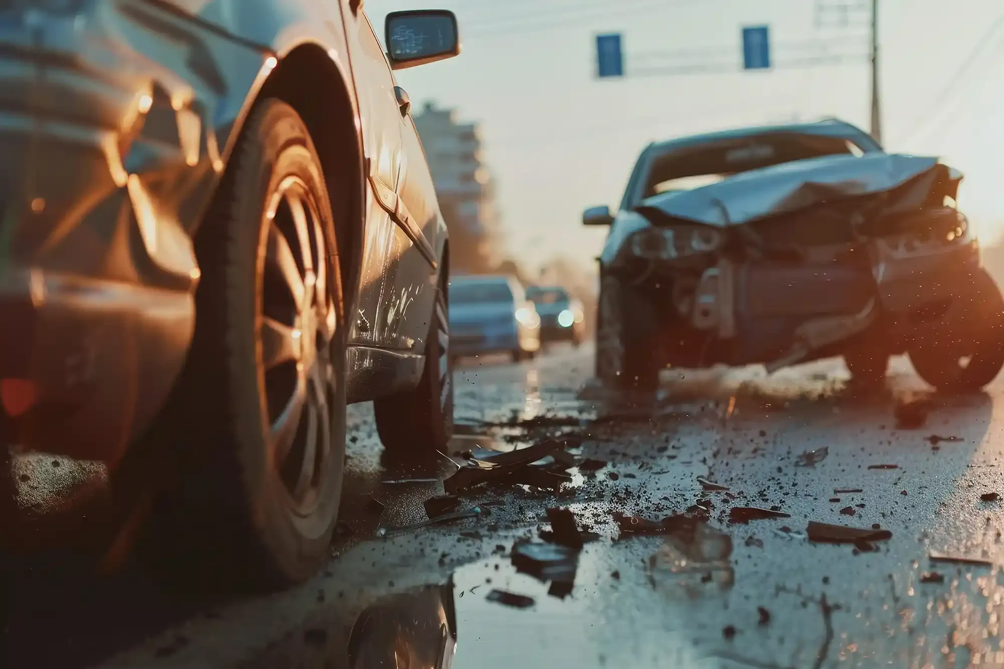 Damaged black car after a crash on a wet road, with debris scattered in the foreground