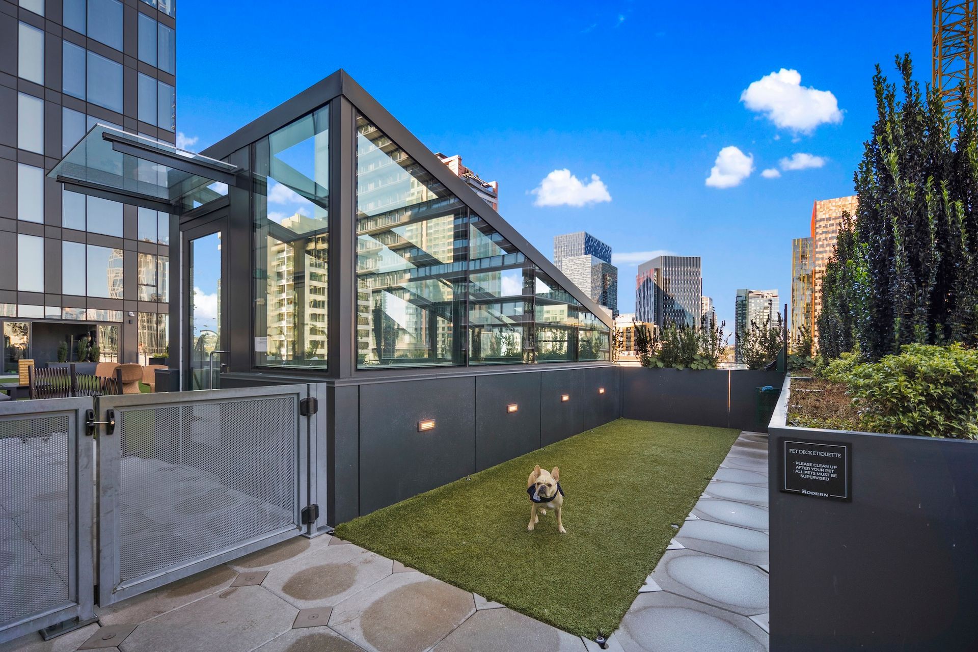 Modern urban rooftop terrace with glass walls, grassy path, and city buildings under a blue sky