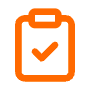 Orange clipboard with a check mark, indicating completion.