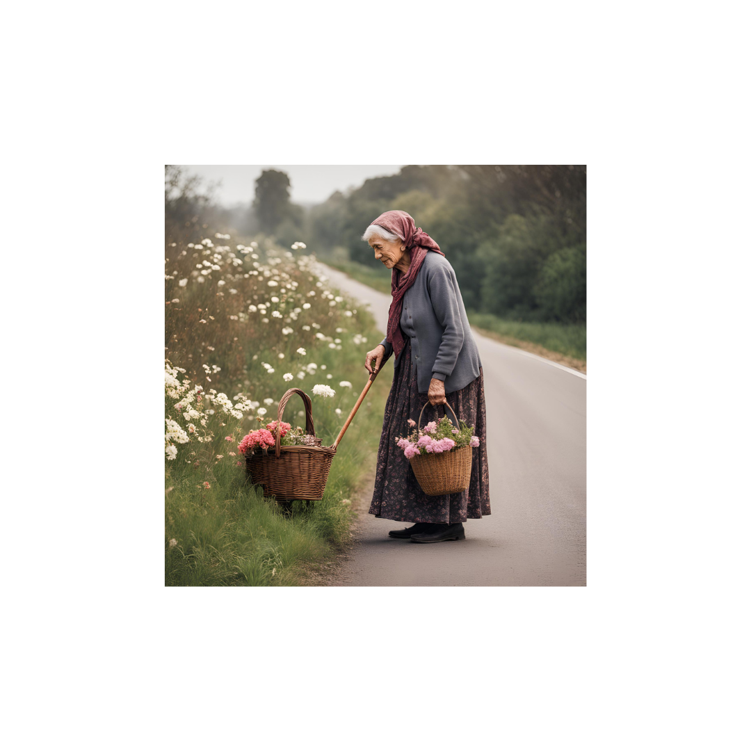 A Ghost or Spirit Guide picking flowers on the side of the road.